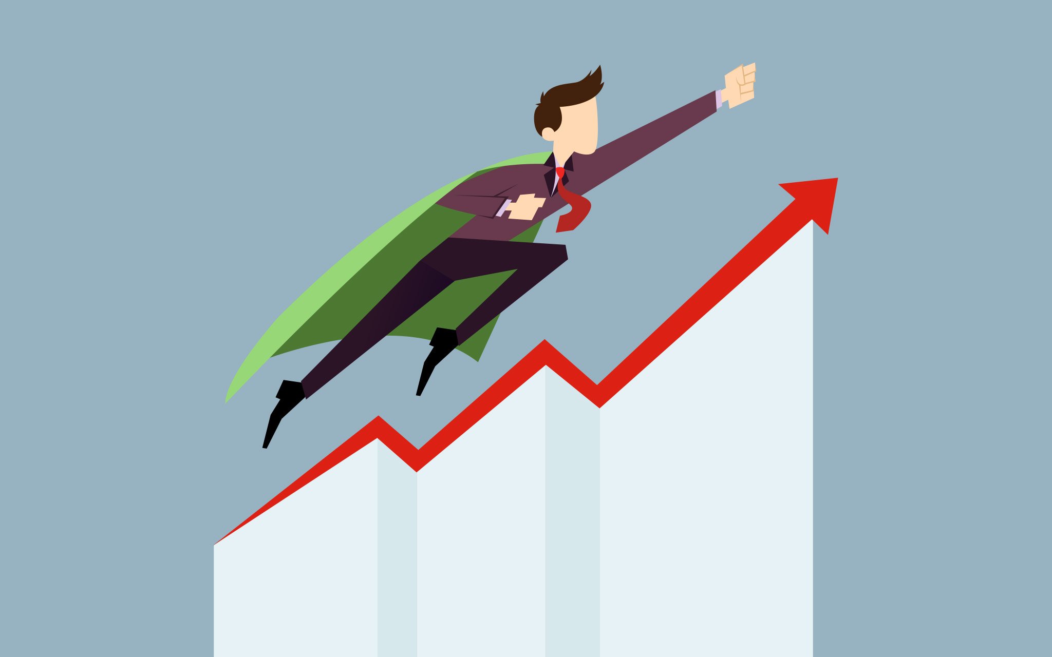 An image of a person soaring through charts with Performance Marketing, which is a way of app marketing.