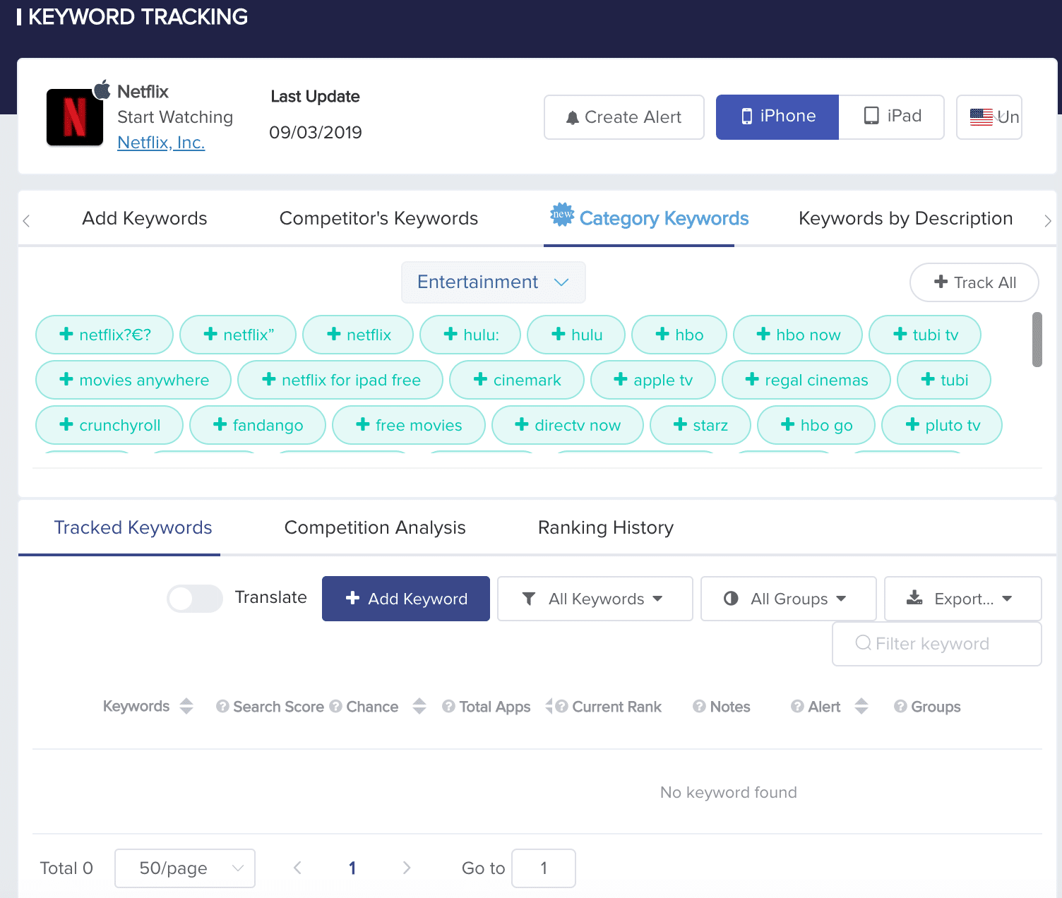 image showing the top keywords for entertainment category of App Store in the U.S.