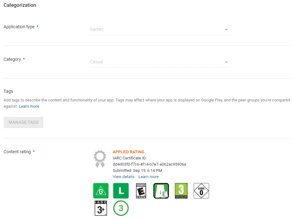 Google Play Store categorization form