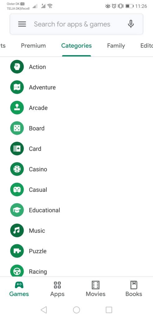 game categories in Google Play