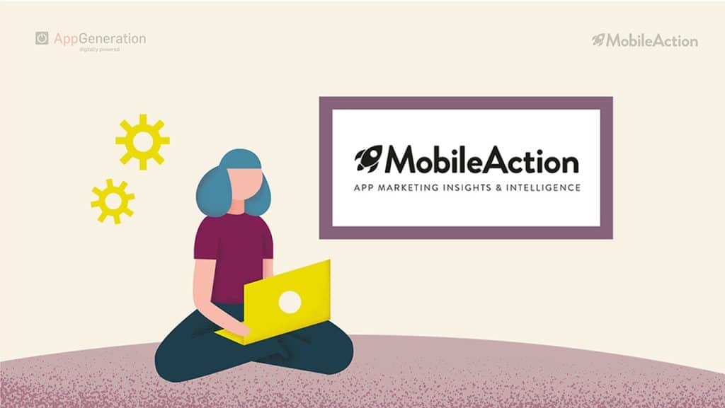mobileaction's logo and a girl sitting in front of it with a laptop