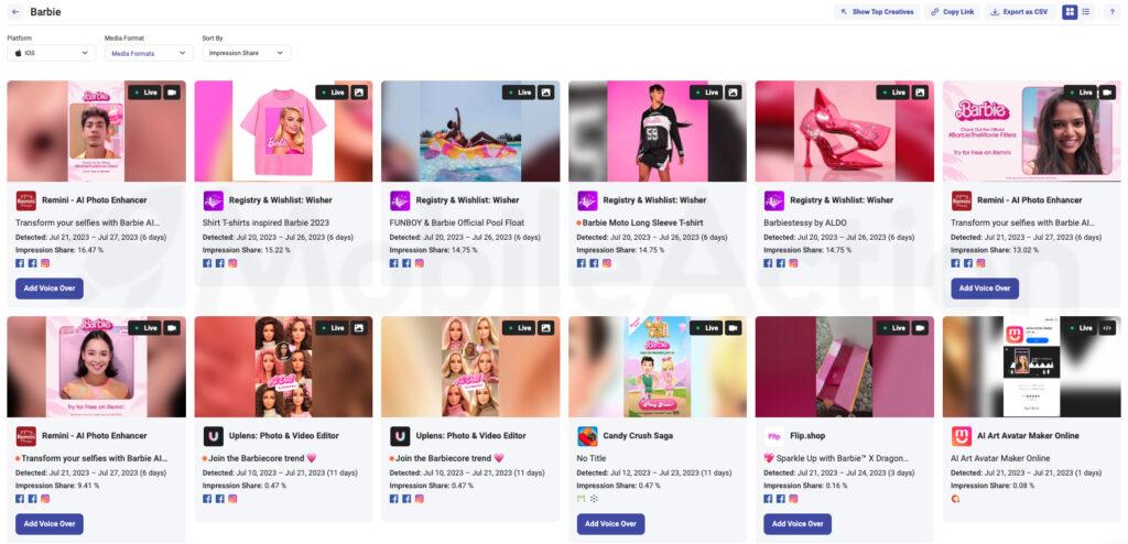 Barbie-named ads included creatives for AI photos & video, shopping, and gaming.