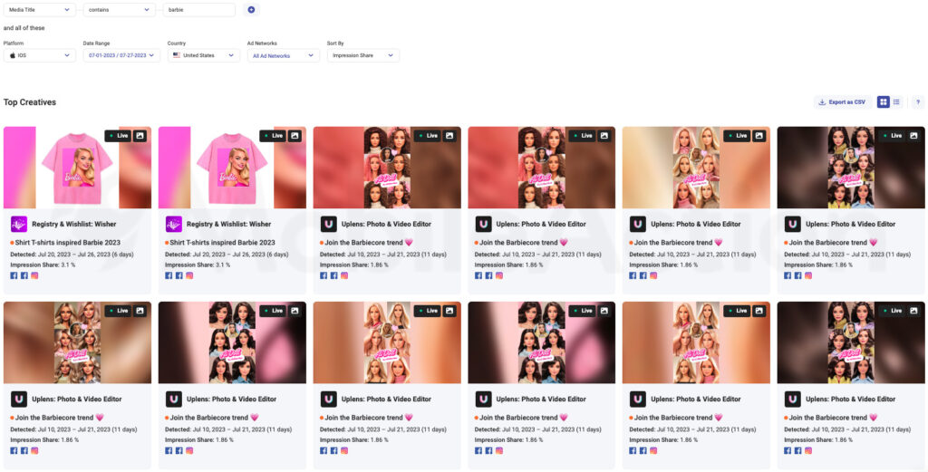 Filtering top creatives for “barbie” via the MobileAction platform is a simple way to view a plethora of Barbie ads.
