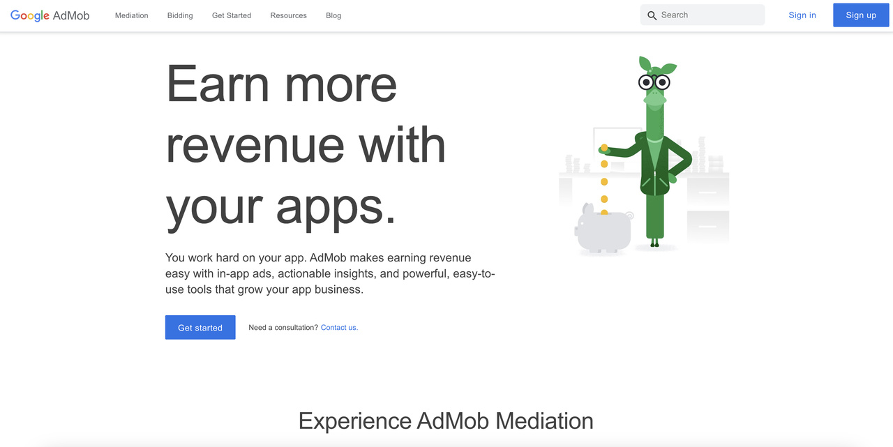 google admob homepage