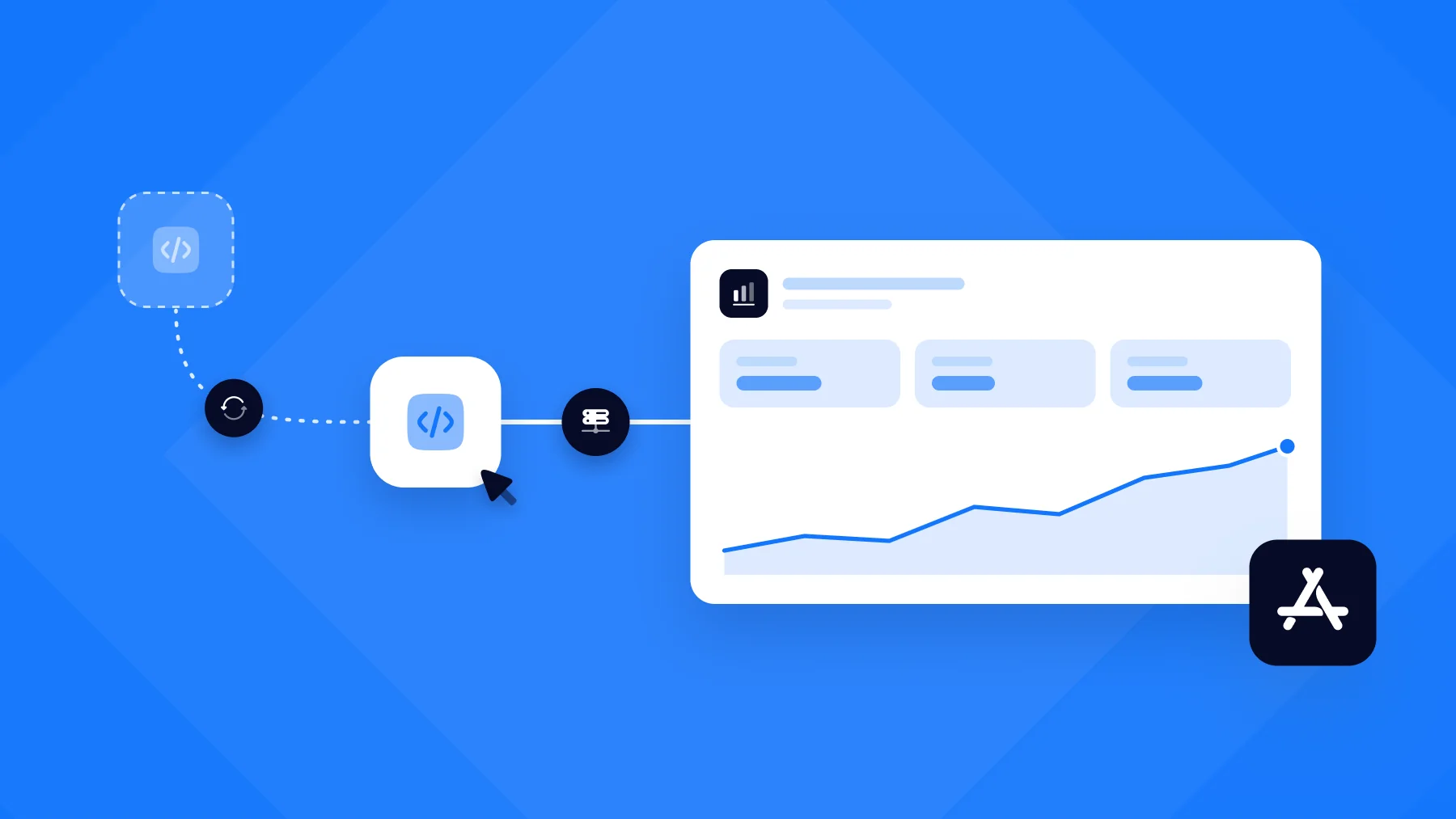 Illustration of an API connection syncing data into an Apple Ads reporting dashboard