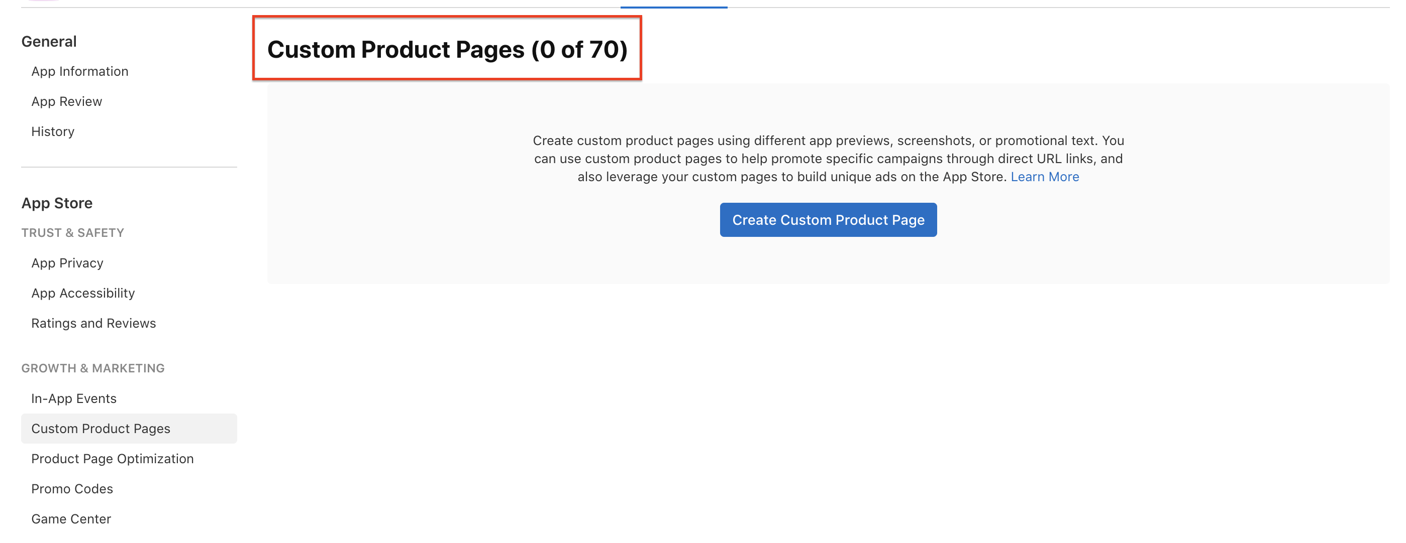 cpp page in app store connect