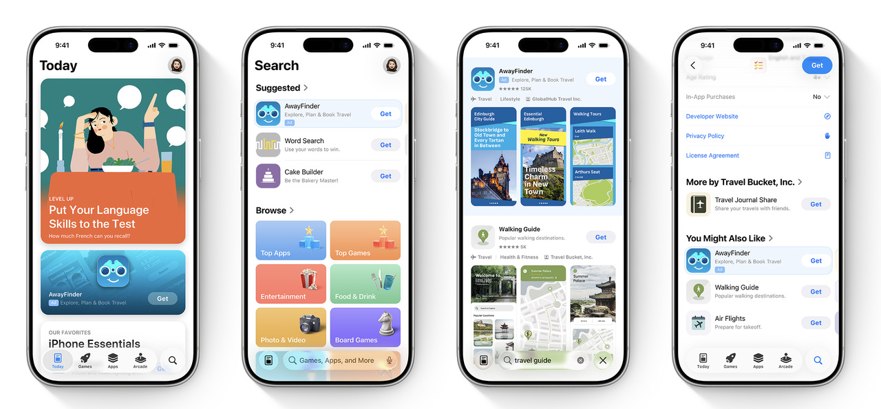 Apple Ads placements across the App Store, including search results, today tab, search tab, and product page ads used for mobile user acquisition through paid campaigns.