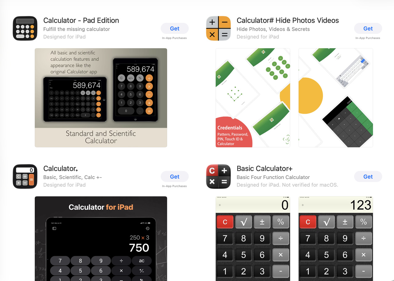App icon design examples for calculator apps on the App Store, different visual styles that show how simple shapes and bold foreground layering improve icon clarity.