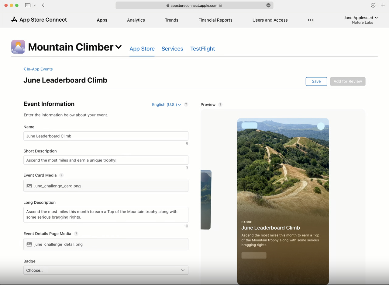 App Store Connect screen showing event details page media for an App Store In-App Event, with portrait image preview and event information.