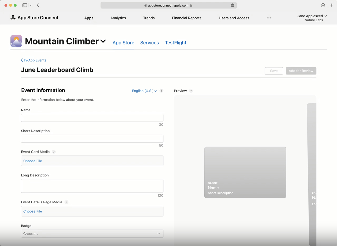Creating App Store In-App Event metadata in App Store Connect, with event title, descriptions, badge type, and creative preview.