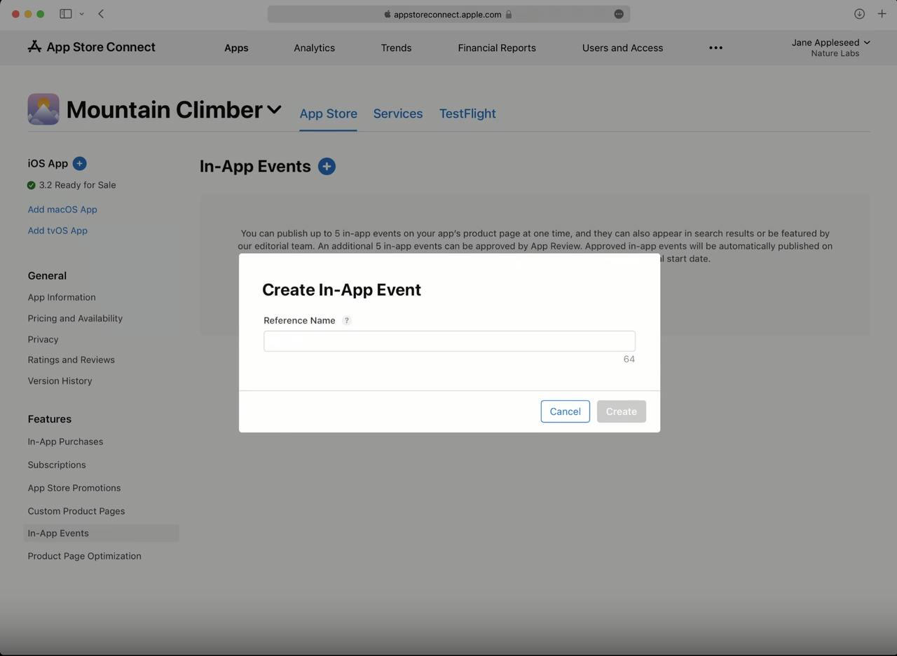 How to create an In-App Event reference name in App Store Connect