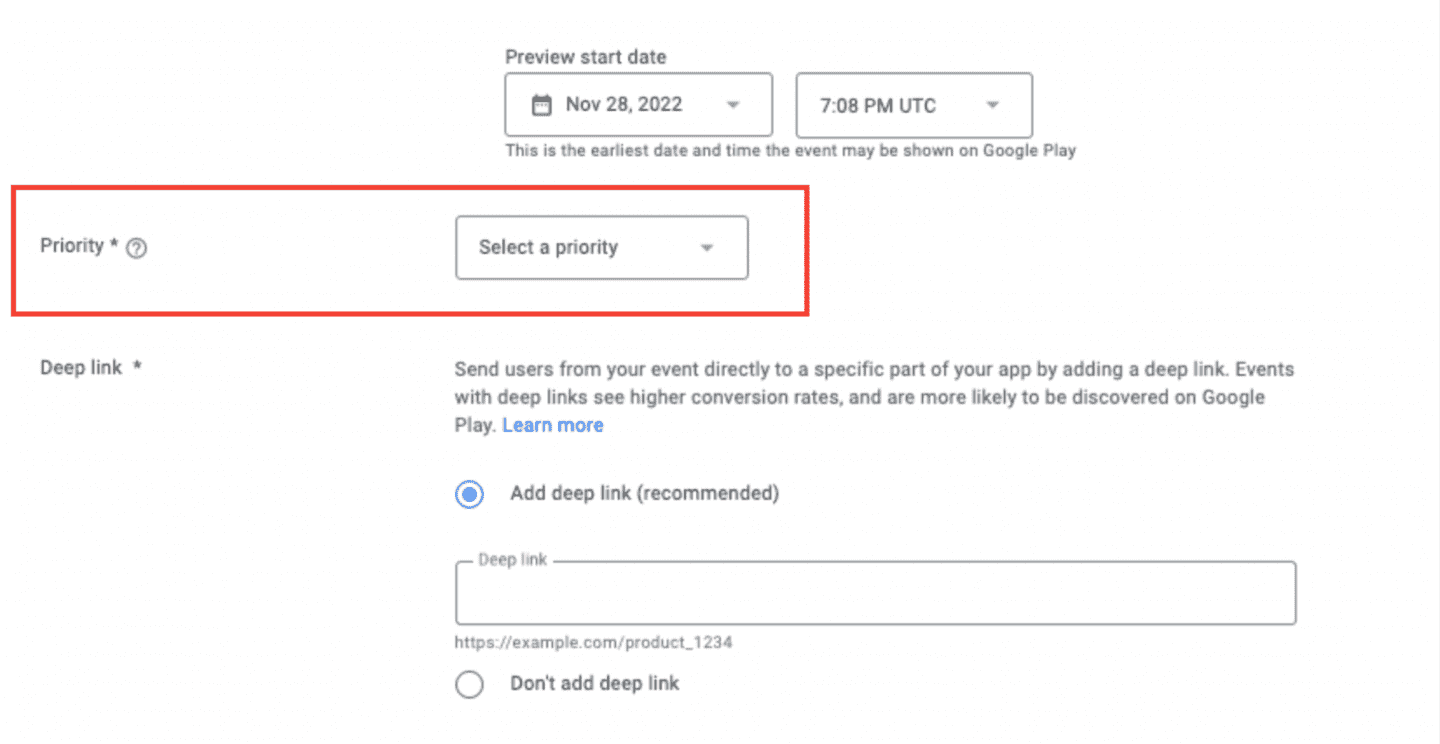 Google Play promotional content deep link priority settings.