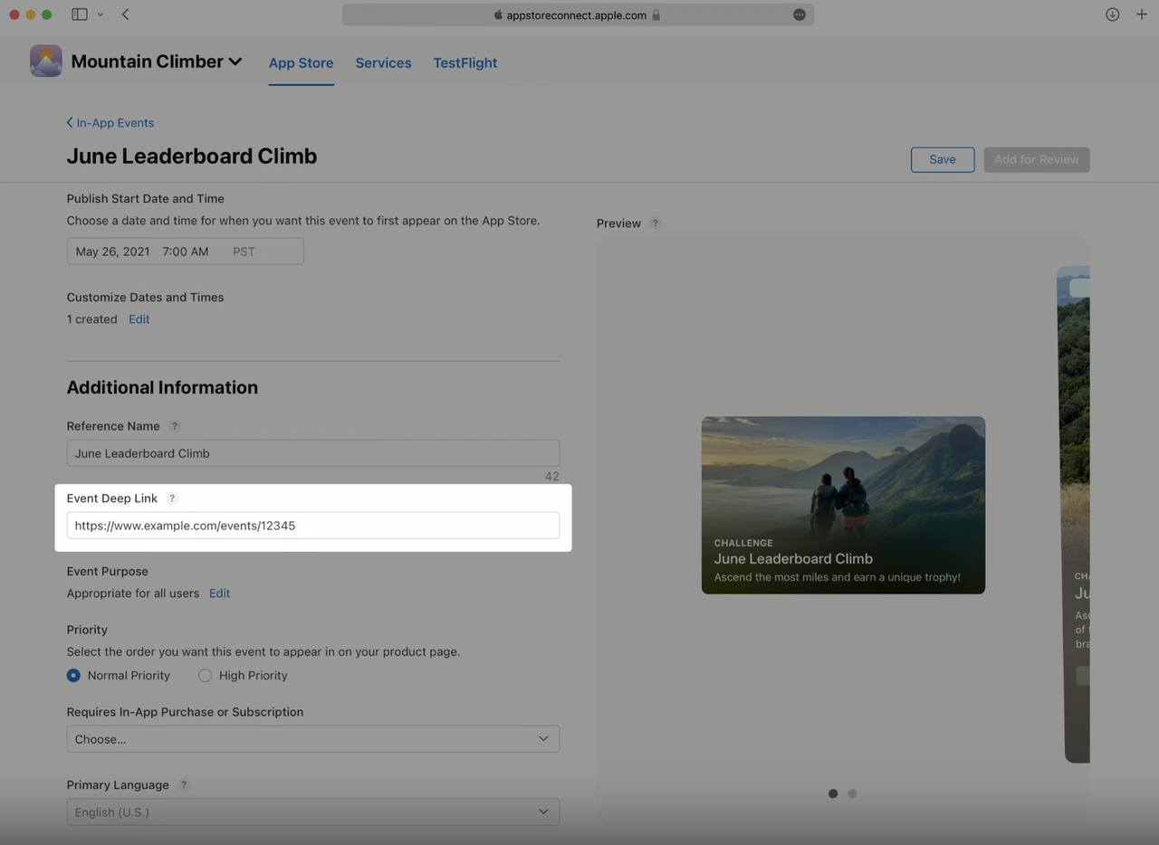 App Store Connect screen for adding a deep link to an App Store In-App Event, showing the event destination setup.