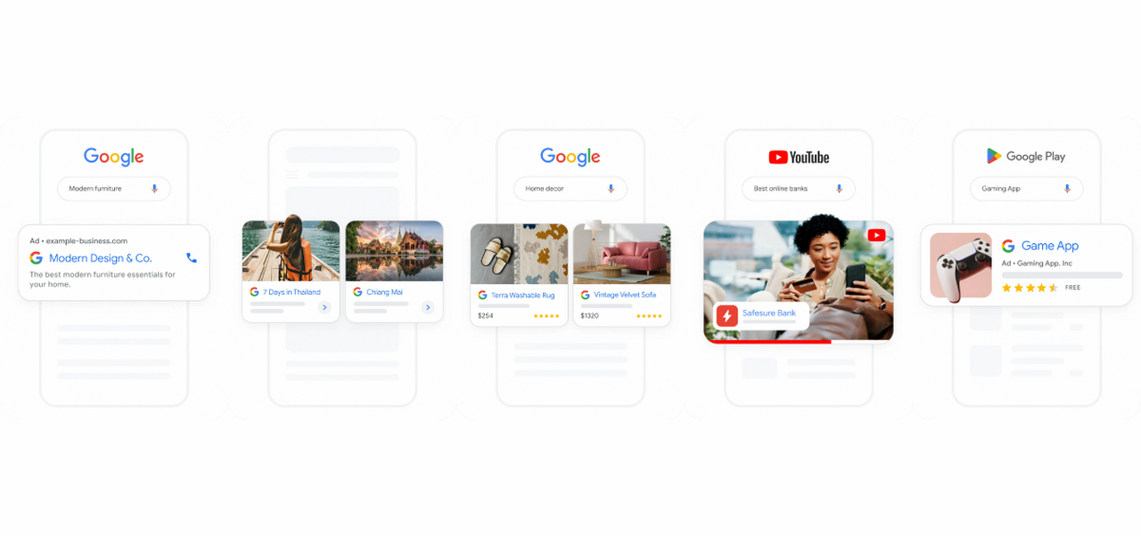 Google App campaigns across Search, Display, YouTube, and Discover used for scalable paid user acquisition strategies.