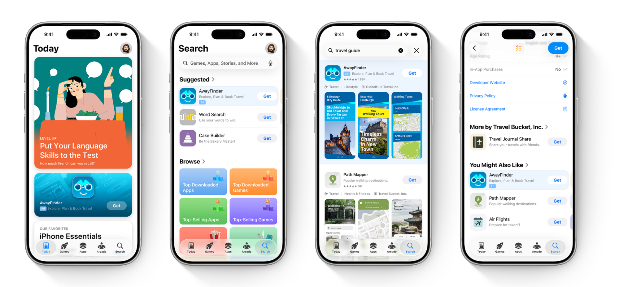 Four iPhone screens showing Apple Ads placements on the Today tab, Search tab, search results, and product pages.
