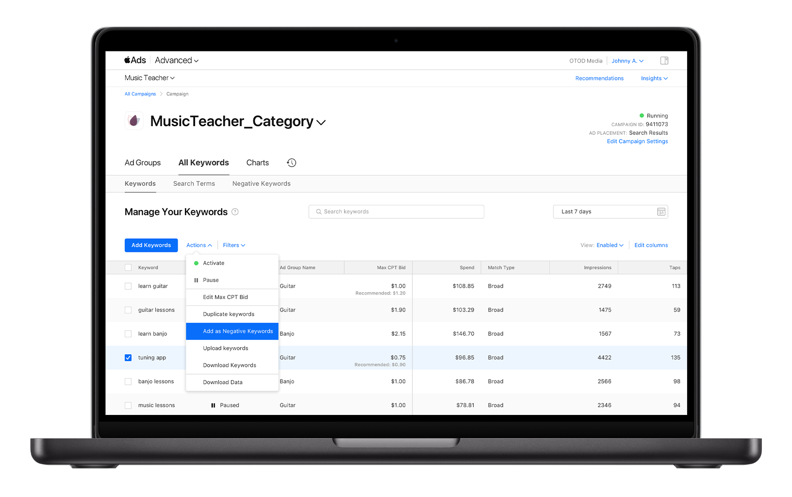 Apple Ads keyword management screen with “Add as Negative Keywords” selected.