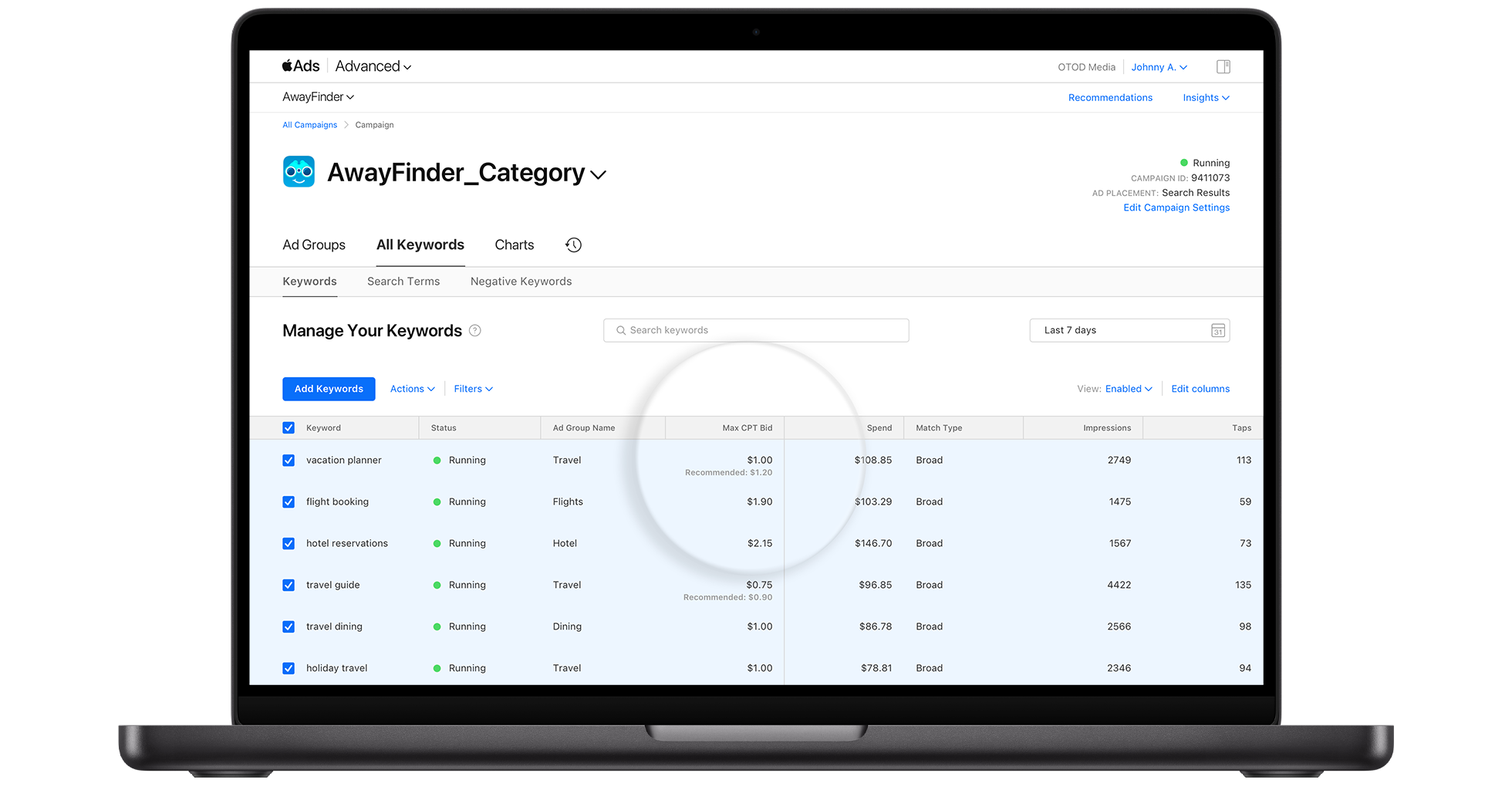Apple Ads keyword dashboard showing active travel keywords, bids, spend, impressions, and taps.