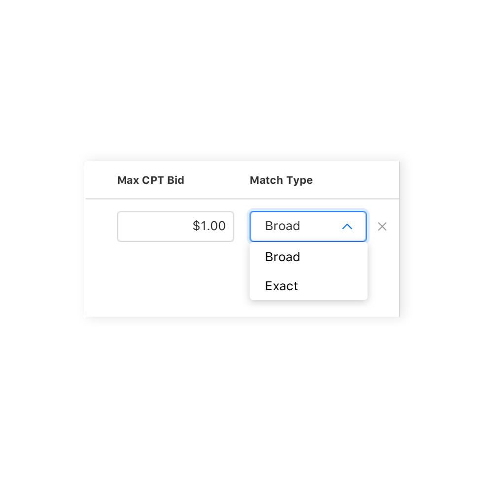 Apple Ads keyword settings with a $1 max CPT bid and Broad or Exact match options.