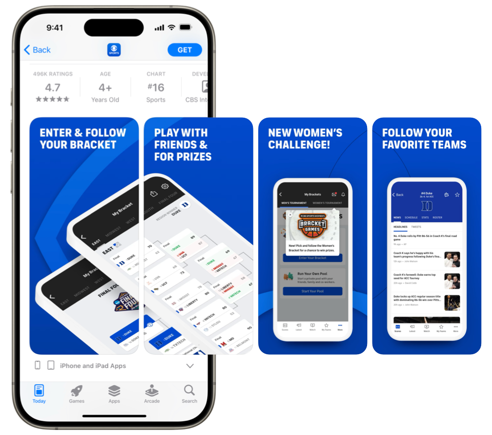 App Store product page with custom product page screenshots for a sports app.