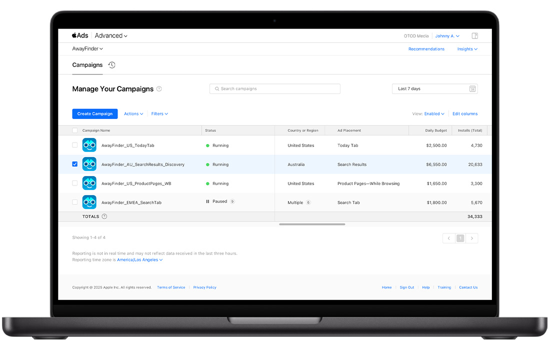 Apple Ads campaign dashboard showing campaigns by placement, country, budget, and installs.