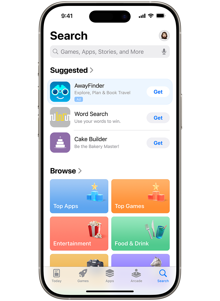 App Store Search tab with AwayFinder displayed as a suggested ad.