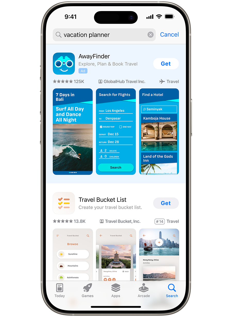 App Store search results for “vacation planner” with an AwayFinder ad at the top.