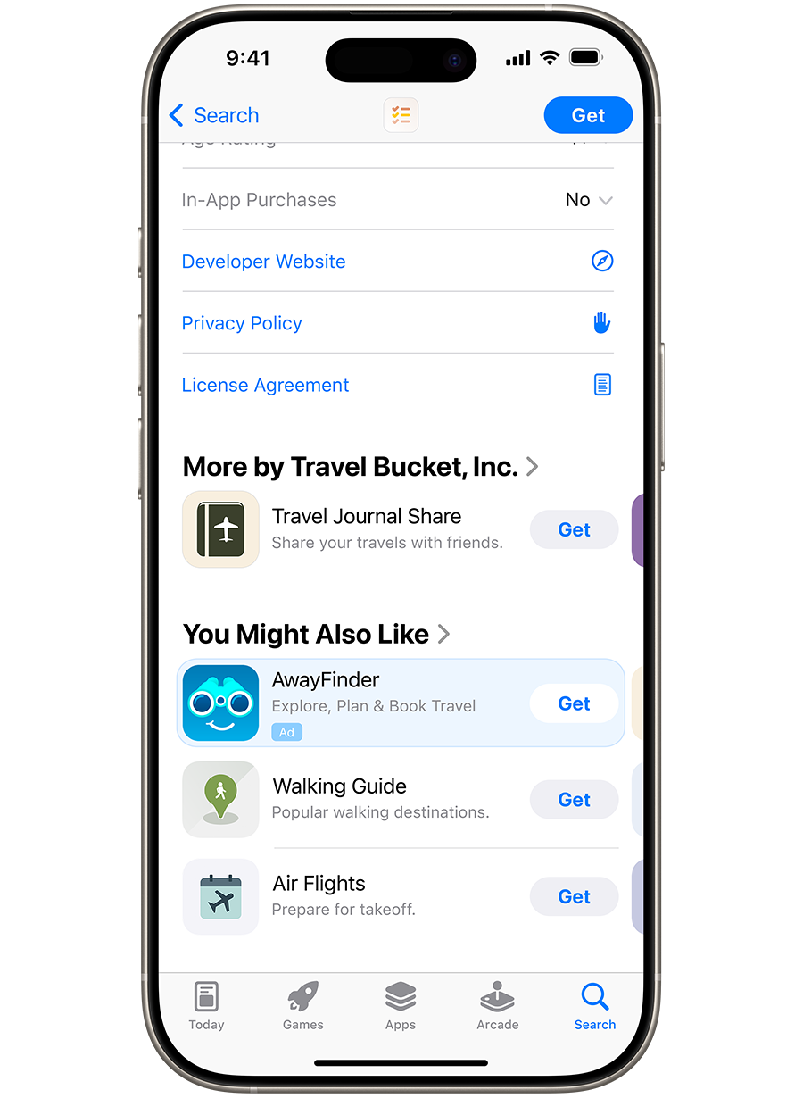 App Store product page with an AwayFinder ad in the “You Might Also Like” section.