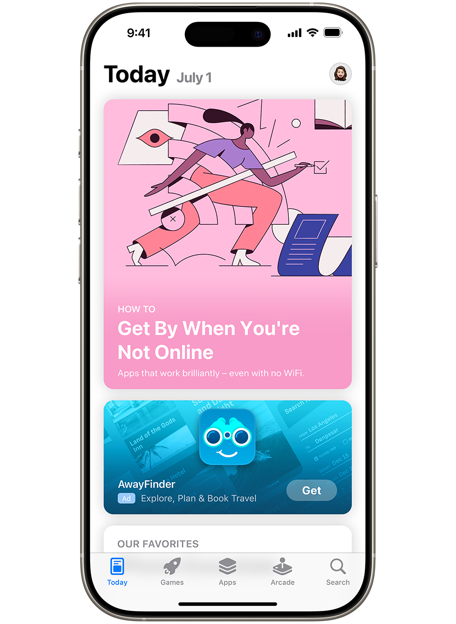 App Store Today tab with an AwayFinder ad below a featured story.