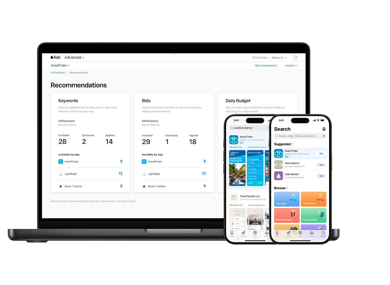 Apple Ads Advanced dashboard beside iPhone examples of Search tab and search results ads.