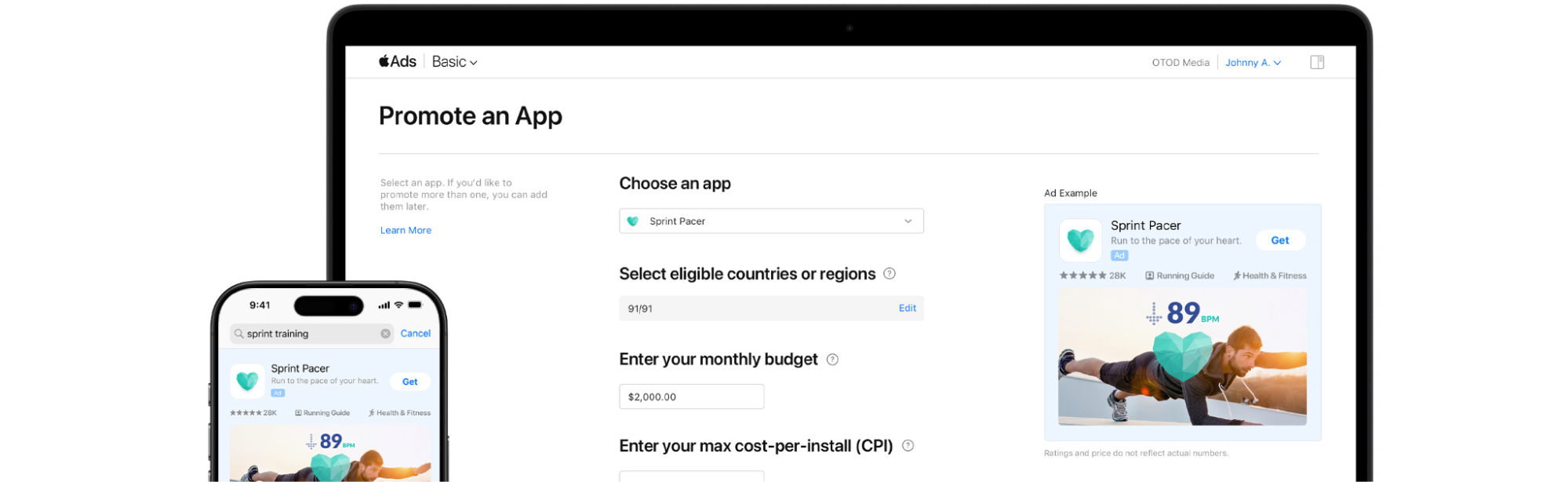 Apple Ads Basic setup screen with app, region, monthly budget, and max CPI settings.