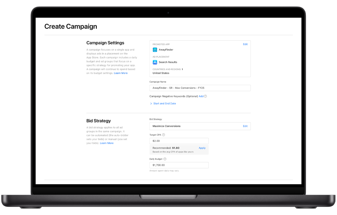 Apple Ads campaign setup with Maximize Conversions, target CPA, and daily budget settings.