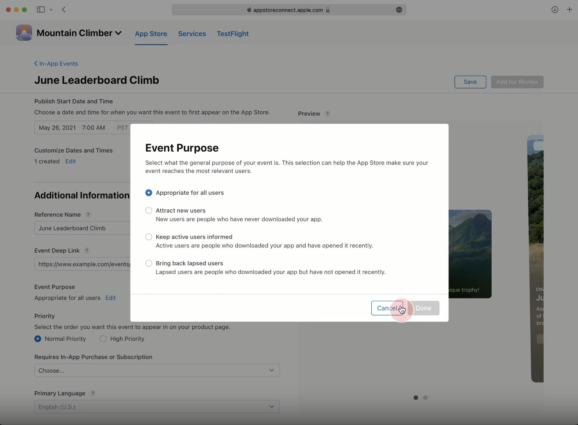App Store Connect screen for selecting the purpose of an App Store In-App Event, such as attracting new users or re-engaging existing users.