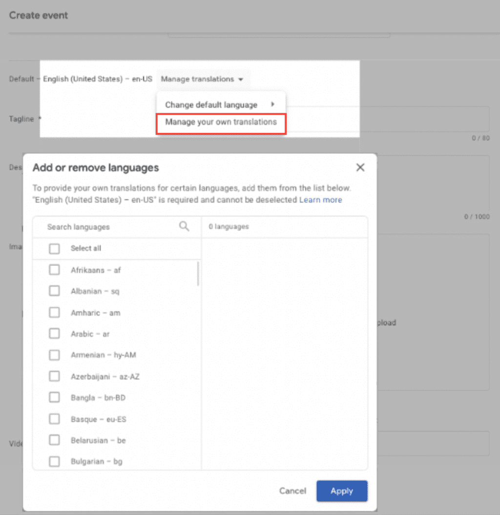 Google Play promotional content localization settings.