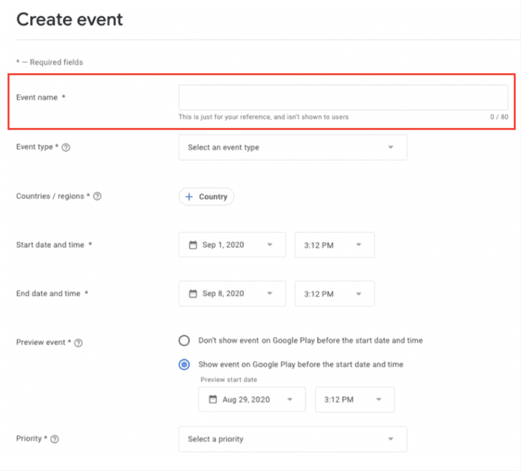 Google Play Console screen for creating promotional content, showing the event name and scheduling fields during setup.