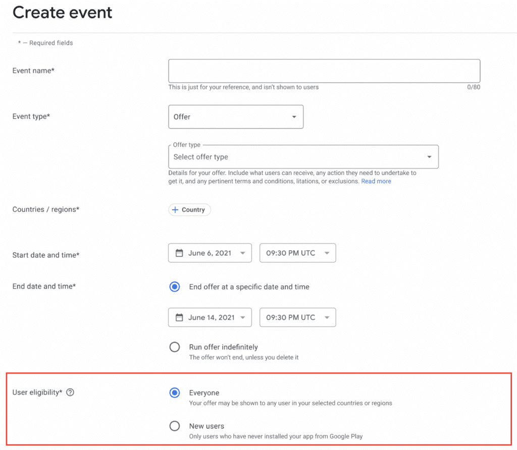 Google Play promotional content user eligibility settings.